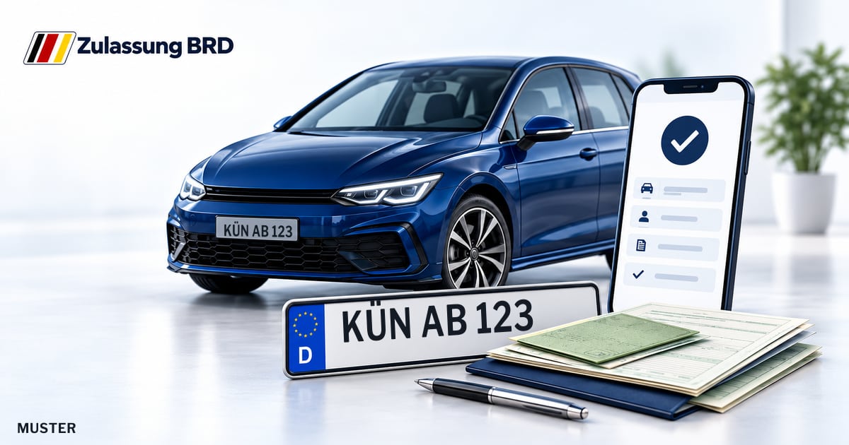 Online Fahrzeugzulassung in Bretzfeld: Musterkennzeichen KÜN AB 123, Auto und Fahrzeugpapiere und Smartphone. Illustration mit Logo von Zulassung BRD.
